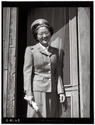 Naval cadet nurse Kay Fukuda at the Manzanar Relocation Center, 1943. View full size. Photograph by Ansel Adams.