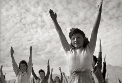 California, 1943. "Calisthenics at Manzanar War Relocation Center." Medium format nitrate negative by Ansel Adams. Library of Congress. View full size.