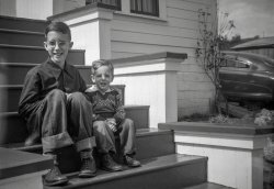 Previously in Calpella, my brother was being artistic, while back home I was waiting to be born a few days later. Three years have gone by and now he's back at our grandparents' home, minus one appendix and plus one little brother. Needless to say, we're not the musical Hudsons, nor are we related to Henry, but we did come hither via the family car back there, a 1948 Hudson Super Six. This was the same day I didn't fall in the well. Photo by my sister, scanned from the original "120" negative. View full size.