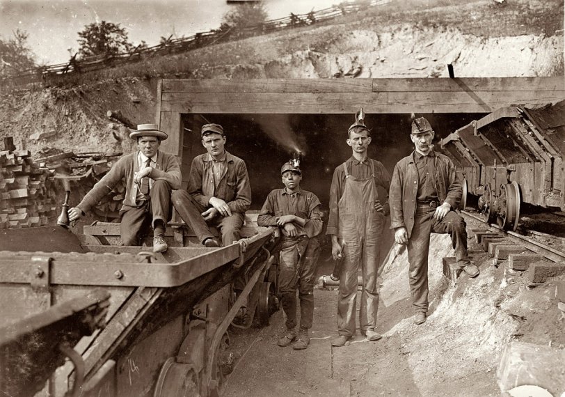 Laura Mine: 1908 Bank Boss (on right), Brake Boy (in center). Laura Mine, Red Star, West Virginia. September 1908. View full size.