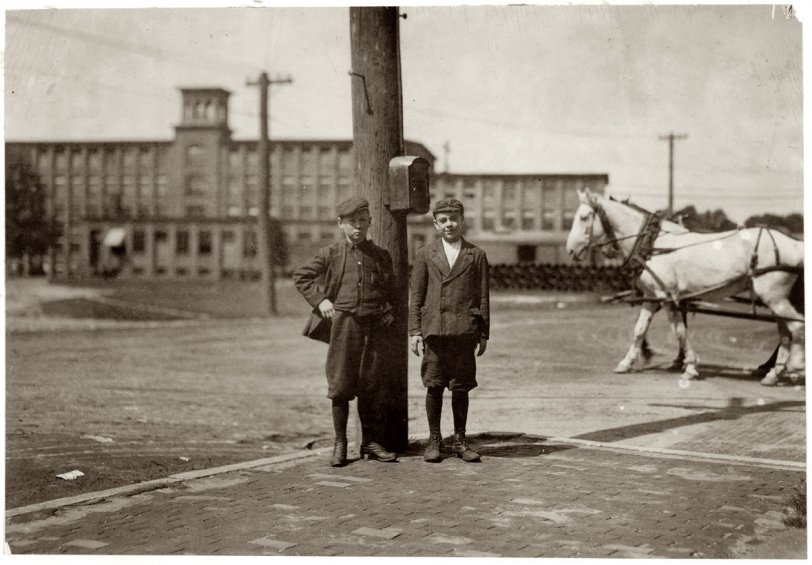 Al and Joe: 1911 September 1911. Indian Orchard, Massachusetts. "Alfred Gengreau, 20 Beaudry Street; Joseph Miner, 15 Water Street. Both work in Mr. Baker's room. Indian Orchard Mill." Photo by Lewis Wickes Hine. View full size.