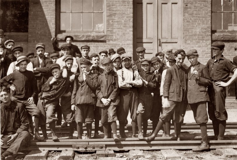 Indian Manufacturing Co.: 1911 Young workers in front of Indian Mfg. Co., Indian Orchard, Massachusetts. September 1911. Photo by Lewis Wickes Hine. View full size.