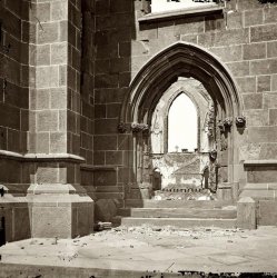 1865. "Charleston, South Carolina. Ruins of Roman Catholic Cathedral. View of doorway." Glass plate negative, left half of stereograph pair. View full size.