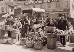 Indianapolis Market. August 1908. Wit., E. N. Clopper. People shopped at open-air markets like this for fresh produce before the advent of the supermarket, which was basically a self-service farmers market, butcher shop and dry goods store all under one roof. View full size.