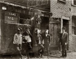 St. Louis, Missouri. "11 a.m. Monday May 9, 1910. Newsies at Skeeter's Branch, Jefferson near Franklin. They were all smoking." Our third visit with this memorable group. Photo and caption by Lewis Wickes Hine. View full size.