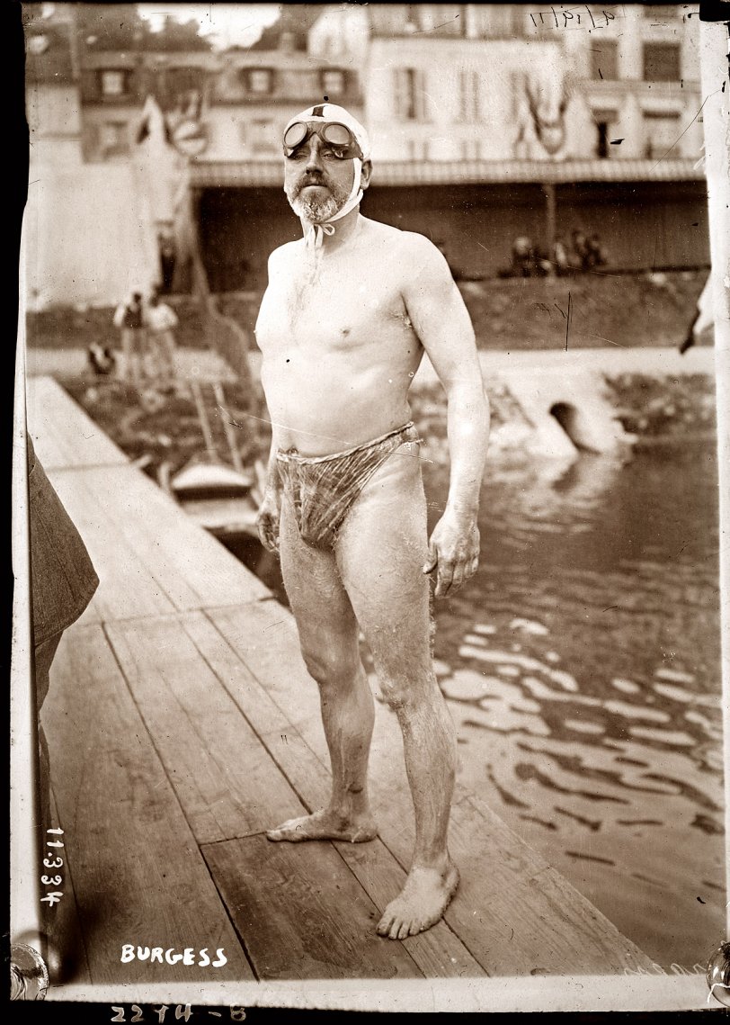 Thomas Burgess In 1911 Thomas W. Burgess was the second man to swim the English Channel. It took him 22 hours and 35 minutes. It's not clear if this photo is from that event, but he's definitely not dressed for recreational swimming. Burgess also swam for Great Britain in the 1900 Summer Olympics. George Grantham Bain Collection.