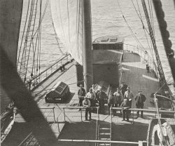 My paternal grandfather (standing, far left) spent quite a lot of his life crewing on square-rigged ships (also known as "windjammers") out of San Francisco. These ships were owned and operated by Alaska Packers, which was a division of the Del Monte Corp (aka the California Packing Corporation). The company had a small fleet of these ships and they were involved in the salmon canning industry in Alaska. Outbound from San Francisco, they hauled up supplies for the canneries. On the return, they'd bring finished goods to San Francisco for eventual labeling and sale to retailer grocers.   

Although steam had largely replaced wind powered ships by the turn of the 20th century, Del Monte found it more economical to sail these old steel hulled sailing vessels  up and down the Pacific coast. 