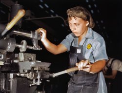 October 1942. "Rita Rodriguez. Production of B-24 bombers and C-87 transports at Consolidated Aircraft, Fort Worth, Texas." 4x5 Kodachrome transparency by Howard Hollem for the Office of War Information. View full size.