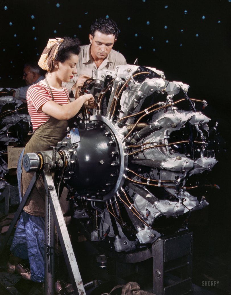 Kodachrome Goes to War: 1942 October 1942. "Women are trained as engine mechanics in thorough Douglas training methods. Douglas Aircraft Company, Long Beach, California." Skipping ahead to 2009, and the end of an era: Today Kodak announced that, after 74 colorful years, it will stop making Kodachrome film. 4x5 Kodachrome transparency by Alfred Palmer, Office of War Information. View full size.