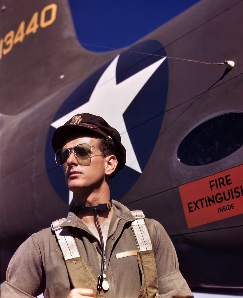 Test Pilot: 1942 October 1942. F.W. Hunter, Army test pilot, at the Douglas Aircraft plant in Long Beach, Calif. View full size. 4x5 Kodachrome transparency by Alfred Palmer.