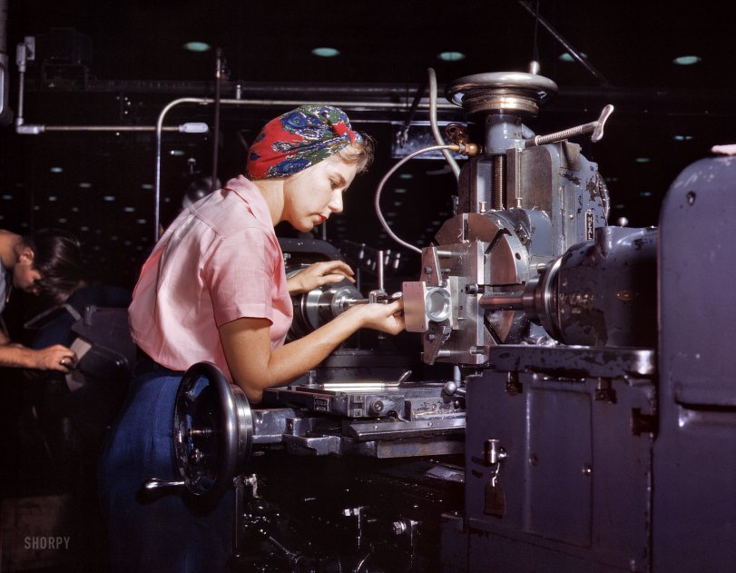 A Woman's Work: 1942 October 1942. "Women become skilled shop technicians after careful training in the school at the Douglas Aircraft Company plant in Long Beach, California. Planes made here include the B-17F Flying Fortress heavy bomber, A-20 assault bomber and C-47 transport." Happy Labor Day from Shorpy! 4x5 Kodachrome transparency by Alfred Palmer, Office of War Information. View full size.