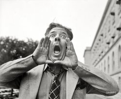 June 9, 1937. Washington, D.C. "Congressional hog caller. The Capitol Plaza reverberated with sounds of the barnyard today as Rep. Robert L. Mouton of Louisiana went into serious training for his coming hog-calling contest with Rep. Otha D. Wearin of Iowa. The contest, which will take place on the Capitol steps sometime in the near future, is the result of an argument between the two solons as to the abilities of the hog-yodelers from the respective states. Judging from his demonstration today, the cameraman is willing right now to place the mantle of champion on Rep. Mouton." Harris & Ewing glass negative. View full size.