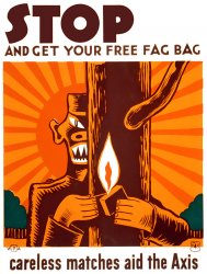 Circa 1942 silkscreen poster by Louis Hirshman encouraging safe disposal of matches, showing stylized Japanese soldier standing behind a tree with a match, with the rising sun in the background. Federal Art Project / WPA War Services Project. View full size.
