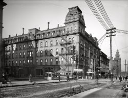 Circa 1900. "Boody House, Toledo, Ohio." The Boody House hotel at St. Clair and Madison. Dry plate glass negative, Detroit Publishing Company. View full size.
