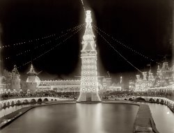 "Luna Park at Night." Coney Island circa 1905. Time exposure on an 8x10 glass negative. Detroit Publishing Company, Library of Congress. View full size.