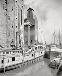 Buffalo, N.Y., circa 1900. "An old-timer at C.T.T. elevator." The Badger State at the Connecting Terminal grain elevator -- whose loading "leg" was a huge structure on wheels -- on the City Ship Canal, next to the Marine Elevator. View full size.