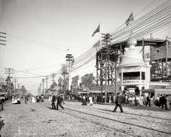 New York circa 1903. "Surf Avenue, Coney Island." Plus: Delicious Ice Cream and Pop Corn. 8x10 inch glass negative, Detroit Publishing Co. View full size.