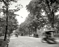 Buffalo, New York, circa 1904. "Delaware Avenue." Hitching posts, mounting blocks, ice wagons and gaslight at the dawn of the automobile age. 8x10 inch dry plate glass negative, Detroit Publishing Company. View full size.
