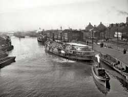 Cleveland, Ohio, circa 1905. "Cuyahoga River from the Viaduct." The sidewheeler City of Cleveland. 8x10 inch glass negative, Detroit Publishing. View full size.