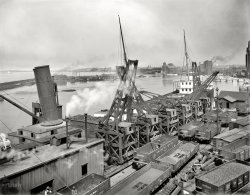 Buffalo, New York, circa 1900. "Thornberger hoist unloading ore at Lackawanna docks." 8x10 inch glass negative, Detroit Publishing Company. View full size.