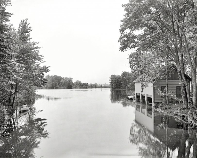 Lake Nonotuck: 1908 Circa 1908. "Lake Nonotuck boathouse, Mount Holyoke College, South Hadley, Mass." Two girls in a rowboat, probably talking about you. View full size.