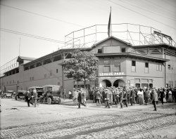 Circa 1910. "League Park, Cleveland." Grandstand seating 75 cents; pavilion, 50 cents. 8x10 inch glass negative, Detroit Publishing Company. View full size.