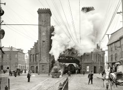 Salem, Massachusetts, circa 1910. "Boston and Maine Railroad depot, Riley Plaza." 6½ x 8½ inch glass negative, Detroit Publishing Co. View full size.