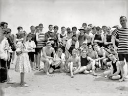 Coney Island, New York, circa 1905. "A husky bunch." Hide your daughters! 8x10 inch dry plate glass negative, Detroit Publishing Company. View full size.