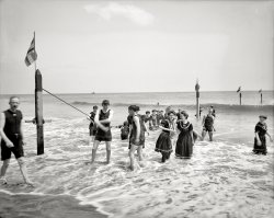 Coney Island, New York, circa 1905. "Surf bathing." Splashing around in the ocean -- the latest fad. 8x10 inch glass negative, Detroit Publishing Co. View full size.