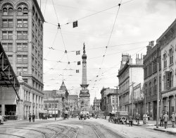Indianapolis, Indiana, circa 1907. "West Market Street." Another view of the Union Terminal building and car barn seen in the previous post. Points of interest include the 1902 Soldiers and Sailors Monument, the Hearsey Vehicle Company to the right (dealer in gasoline, steam and electric automobiles) and, farther down the street, medical offices of Dr. Gasaway & Co., "specialists." View full size.