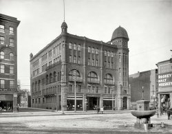 Richmond, Virginia, circa 1910. "Masonic Temple." Note the horse fountain with electric illumination. Detroit Publishing glass negative. View full size.