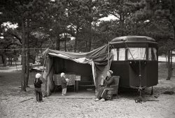 August 1936. "Scenes at the auto trailer camp. Dennis Port, Mass." 35mm nitrate negative by Carl Mydans for the Resettlement Administration. View full size.