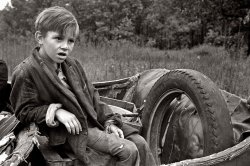 October 1935. Son of destitute Ozark family on the road in Arkansas. 35mm nitrate negative by Ben Shahn, Farm Security Administration. View full size.