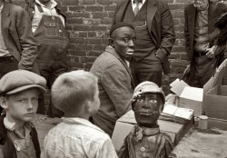 October 1935. Medicine show at Huntingdon, Tennessee. View full size. 35mm nitrate negative by Ben Shahn for the Farm Security Administration.