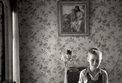 Summer 1938. "Son of Virgil Thaxton, farmer, in Thaxton farmhouse near Mechanicsburg, Ohio." 35mm nitrate negative by Ben Shahn. View full size. 