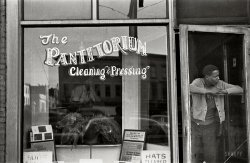 August 1938. "A cleaning and pressing shop in Urbana, Ohio." 35mm nitrate negative by Ben Shahn for the Farm Security Administration. View full size.