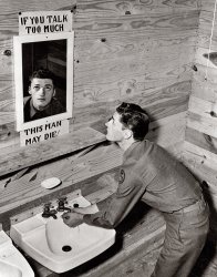 Private Ivan A. Smith, editor of the Camp Hood Panther,  at Camp Hood, Texas, originated this novel method of reminding fellow soldiers to practice discretion. From the Office of War Information, 1943. View full size.