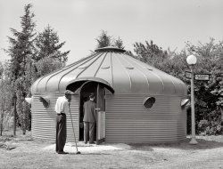 May 1941. "Diamaxion [Dymaxion] house, metal, adapted corn bin, built by Butler Brothers, Kansas City. Designed and promoted by R. Buckminster Fuller." Medium format negative by Marion Post Wolcott.  View full size.