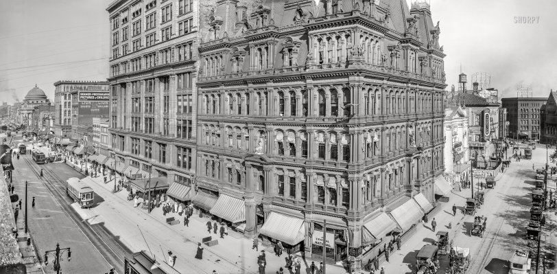 Bustling Buffalo: 1910 Buffalo, New York, circa 1910. "Main Street -- German Insurance Building -- Lafayette Square." Panoramic composite of two 8x10 inch glass negatives. Detroit Publishing Co. View full size.
