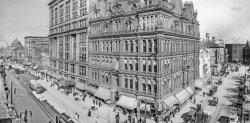 Buffalo, New York, circa 1910. "Main Street -- German Insurance Building -- Lafayette Square." Panoramic composite of two 8x10 inch glass negatives. Detroit Publishing Co. View full size.