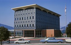 August 1965. Cal Poly's San Luis Obispo campus underwent a building boom in the early 1960s, still prime time for Mid-Century Modern architecture (earlier I posted another example). Here we have the college's Administration Building a year after it opened, the landscaping so new it looks like an architect's rendering. My Kodachrome slide also captured these cars: first, something of a rarity, a sporty French Facel Vega; next, a 1965 Oldsmobile Starfire Coupe; finally, part of a 1964 Dodge, the part that shows that Chrysler Corporation's "Forward Look" was now a thing of the past. I took this shot at my brother's alma mater on either the way to or the way back from a visit to my sister and her family in Diamond Bar which, incidentally, is near Cal Poly's Pomona campus. View full size.