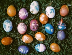 My niece and nephews were coming down for an Easter egg hunt, so that gave my brother, his wife and me an excuse to color some eggs for the first time since our own childhood. I made a caricature of my brother, another that was supposed to look like the Western Hemisphere, and at the bottom center in a sort of holiday mashup, an homage to one of our favorite vintage Christmas tree ornaments. The brown ones were made via the traditional onion skin method and some forgotten arcane process produced the blue-and-white mottled jobs. Paste-on printed features from an egg-dyeing kit are on two, and two more are named for their creators. All posed against the lawn at the family home in Idyllic Larkspur™, California and immortalized by me with this Polaroid snapshot. View full size.