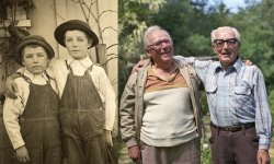 1912: My father (right) and his younger brother pose for a traveling photographer outside their home in Santa Rosa, California. 1985: 73 years later, they reenact the photo for my sister in our yard in Larkspur on May 25, 1985. This was the last time they were together; my father passed away six months later, and my uncle in 1988.  View full size.