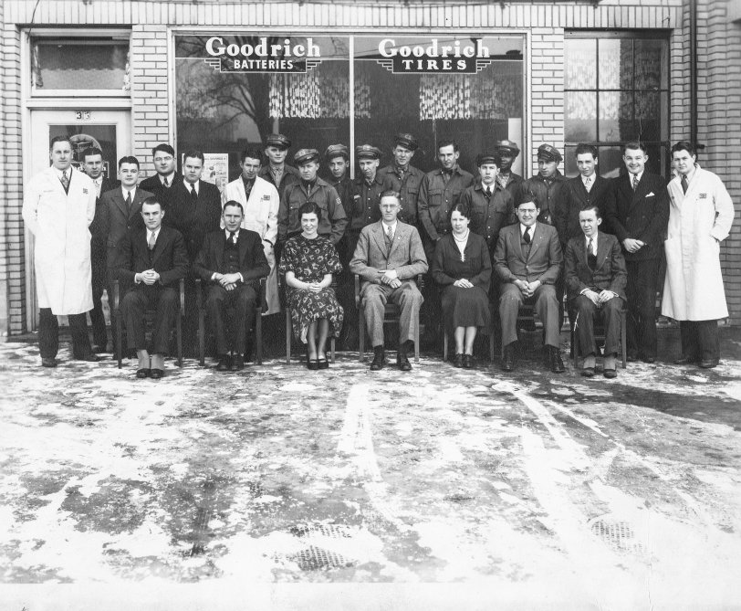 Goodrich Grandpa: 1935 Employees of the Goodrich Tire Store in Pontiac, Michigan, in December 1935. My grandfather Arvid Alexis (seated at center) was the manager. According to one of my cousins, he was the man that HQ would send out to underperforming stores to fix the problems and fire the problem employees. I only knew him as an old man, and I was a bit scared of him, but he did have a subtle sense of humor that would occasionally surface. View full size.