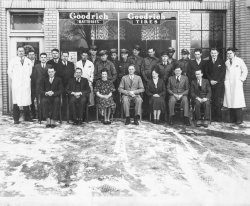 Employees of the Goodrich Tire Store in Pontiac, Michigan, in December 1935.  My grandfather Arvid Alexis (seated at center) was the manager.  According to one of my cousins, he was the man that HQ would send out to underperforming stores to fix the problems and fire the problem employees. I only knew him as an old man, and I was a bit scared of him, but he did have a subtle sense of humor that would occasionally surface.  View full size.
