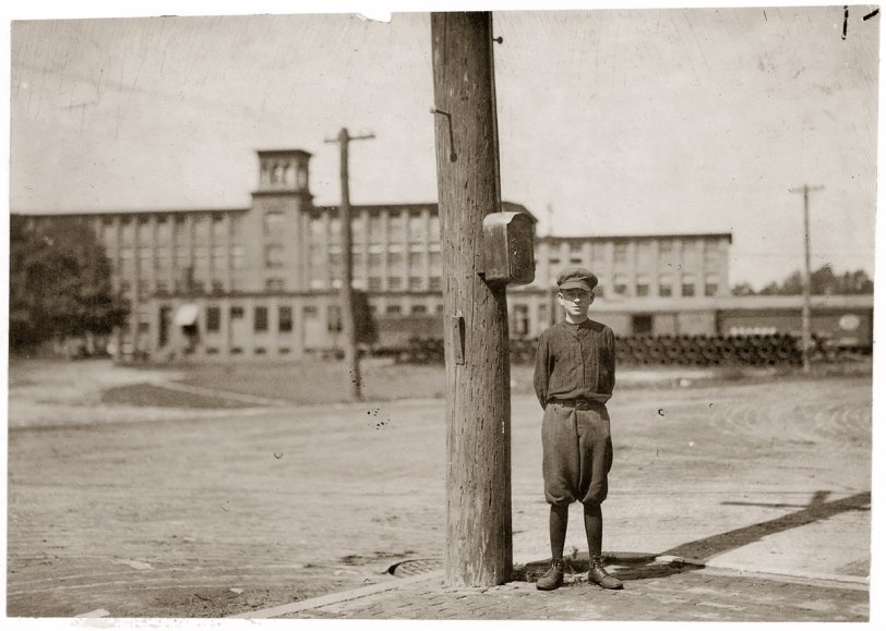 Clarence Noel: 1911 September 1911. Indian Orchard, Massachusetts. "Clarence Noel, 138 Main Street, Indian Orchard. Doffer in Hodges Fibre Carpet Co. of Indian Orchard Mfg. Co. Said 'made seven dollars last week'." Clarence is in a number of other Indian Orchard photos here. View full size.
