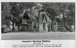 St. Clair, MO, late 1930s. This quaint little sandstone-covered gas station was enlarged in the late '40s, and later razed, replaced by a parking lot for the bank next door.