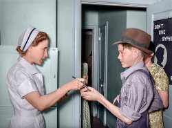 Nurse giving instructions to son of migratory laborer. 

Colorized version of this Shorpy old photo.
View full size.