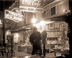 My brother snapped this 35mm Kodak Tri-X negative as a former high school classmate left (Fled? Took it on the lam?) from this newsstand at 1241 Fourth Street in San Rafael, California. At the time this was one of two newsstands downtown. That was in addition to Montgomery Ward, J.C. Penney, Macy's plus all the other kinds of stores that made San Rafael the major shopping spot for Marin Country - that is, until shopping centers started popping up a few years later.

If I didn't know better, I'd think that guy might have been Elvis. View full size.
