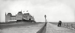 &nbsp; &nbsp; &nbsp; &nbsp; The Oriental Hotel, at the eastern end of the Coney Island peninsula, opened in 1880 and was demolished in 1916.
1903. "Oriental Hotel and boardwalk, Manhattan Beach, Brooklyn, New York." Panorama of two 8x10 glass negatives, Detroit Publishing Co. View full size.
